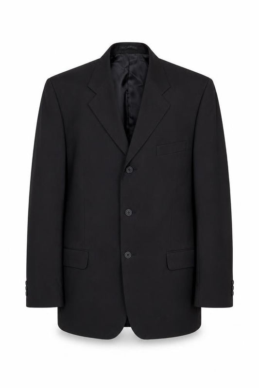 Front view of Butler & Webb men’s black polyester jacket suit jacket, size 42, regular