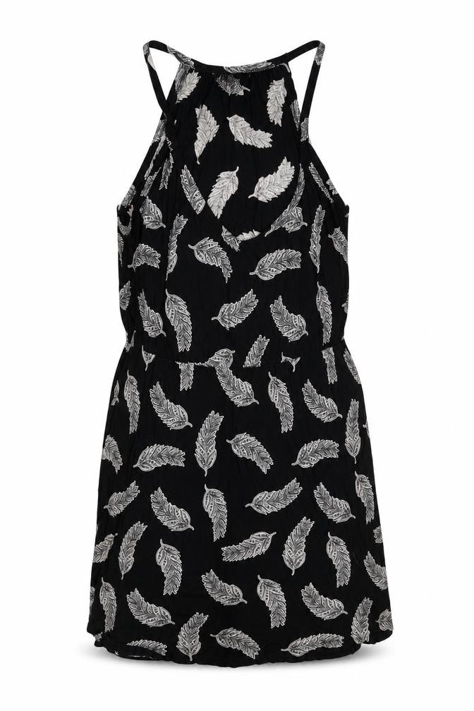 Front view of H&M women’s black geometric viscose a-line, size M, v-neck pullover - feather pattern
