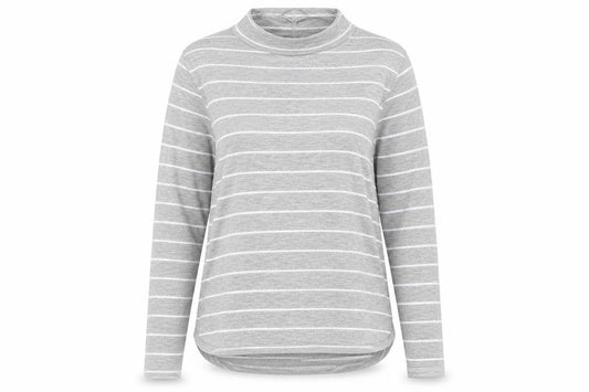 Front view of Next women’s grey striped polyester basic t-shirt, size UK 14, mock neck