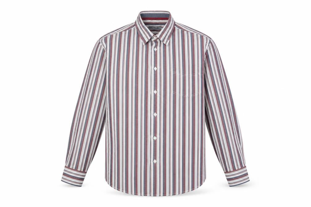 Front view of Peter Gribby men’s multicoloured striped cotton button-up, size 2XL, collared button