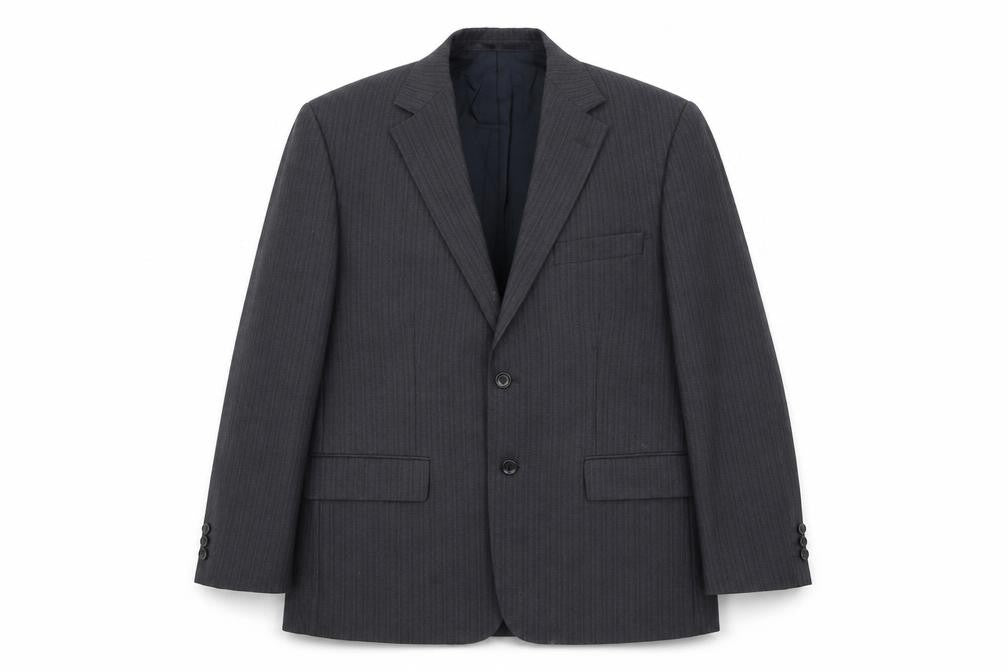 Front view of Wellington men’s grey striped polyester jacket suit jacket, size 42, regular