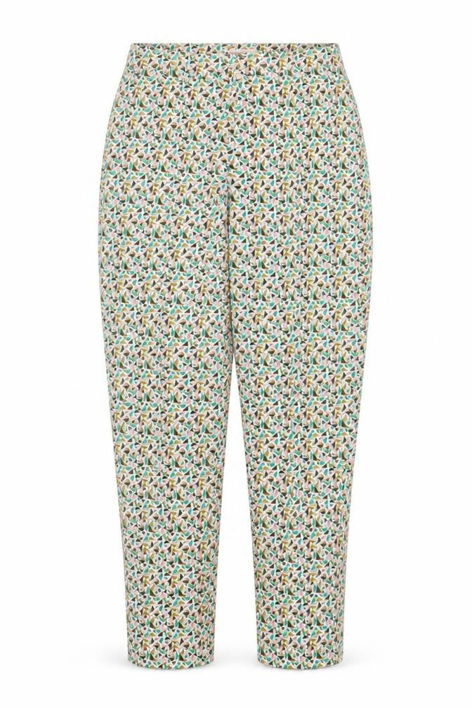 Front view of Louche women’s multicoloured geometric polyester trousers, size UK 8, regular zip