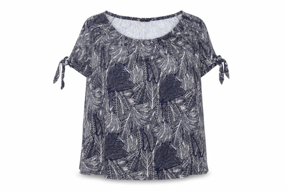 Front view of M&Co women’s blue geometric viscose basic t-shirt, size UK 14, round neck