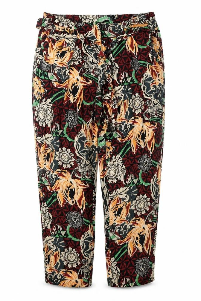 Front view of River Island women’s multicoloured floral viscose cropped trousers, size UK 8, regular zip