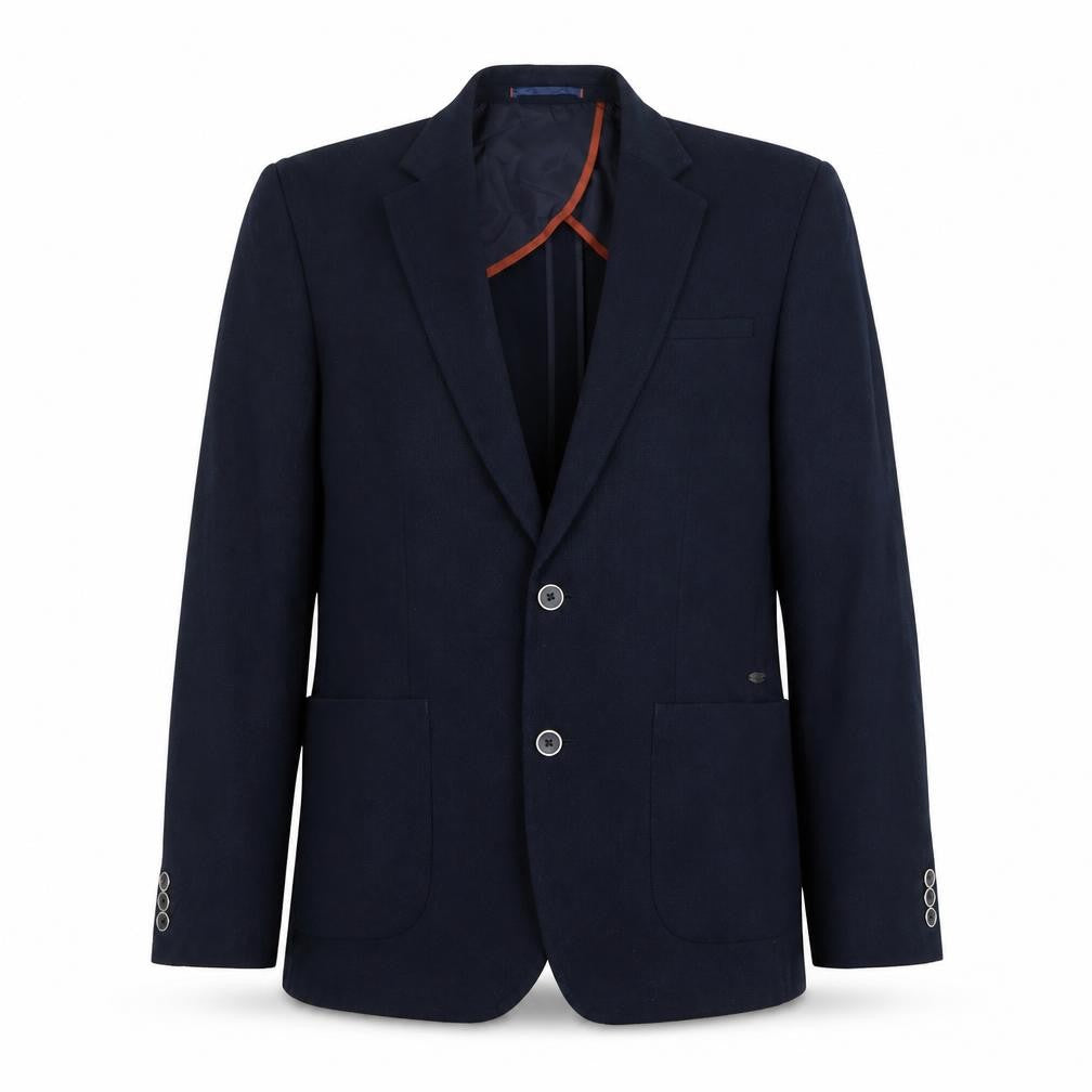 Front view of River Island men’s blue polyester jacket blazer, size 40, regular