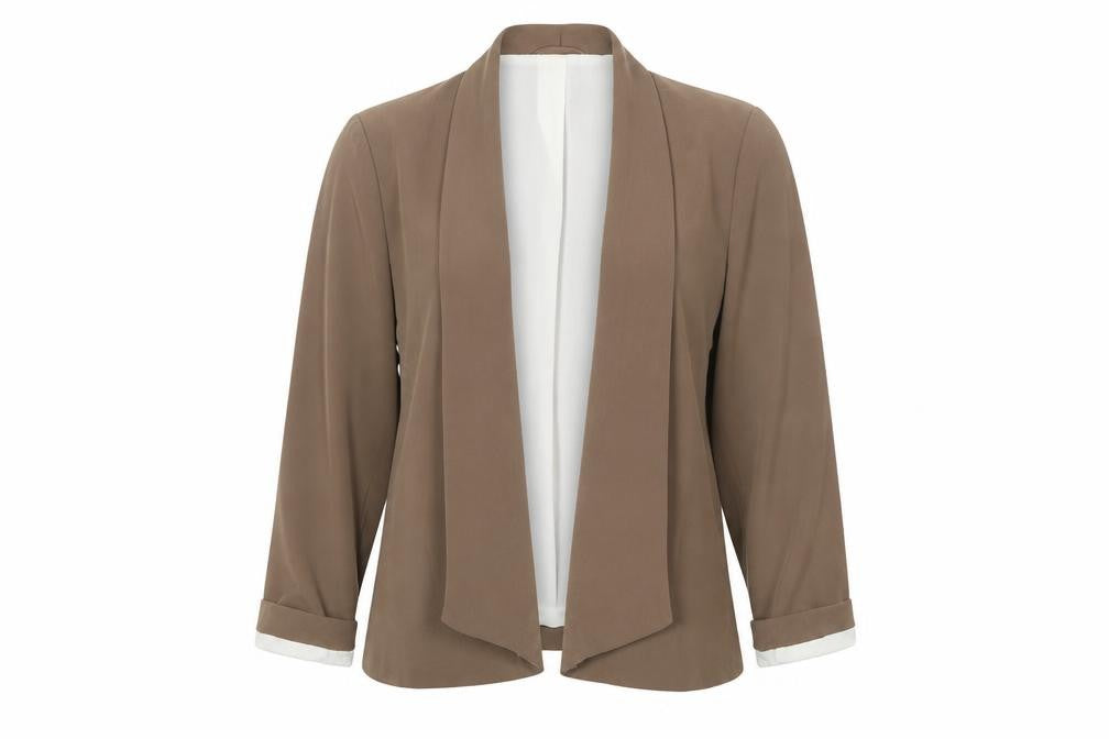 Front view of BHS women’s brown polyester jacket blazer, size UK 12, - open