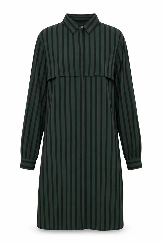 Front view of Forever 21 women’s green striped polyester shirt dress, size XS, collared button