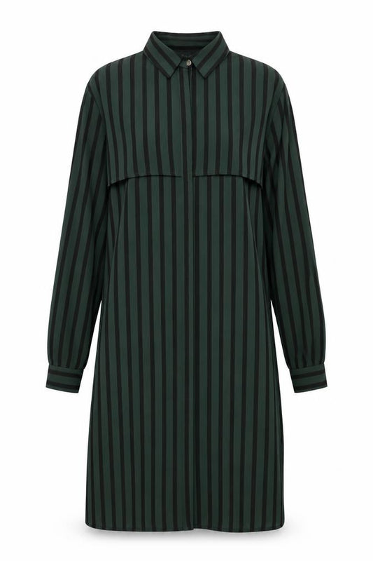 Front view of Forever 21 women’s green striped polyester shirt dress, size XS, collared button