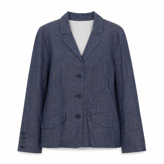 Front view of Boomerang women’s blue jacket blazer, size UK 12, button