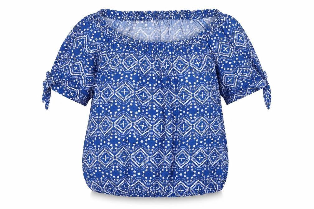 Front view of H&M girls’ blue geometric viscose basic blouse, size 11-12, years round neck pullover