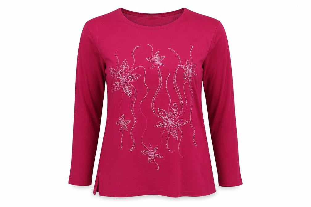 Tri&Pen Womens Pink Polyester Basic Blouse Size M Round Neck - Flower Detail