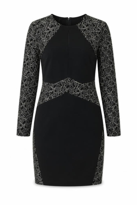Front view of Body Flirt women’s black geometric polyester a-line, size M, round neck zip