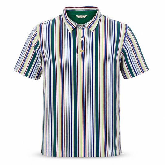 Front view of Jackpot men’s multicoloured striped polyester polo, size M, collared pullover