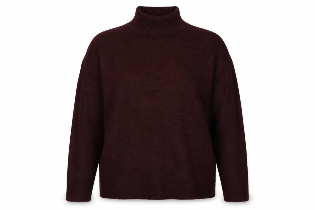 Front view of Warehouse women’s red high neck acrylic jumper, size M