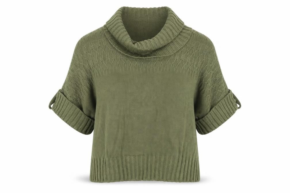 Front view of Editions women’s green roll neck acrylic jumper, size XL