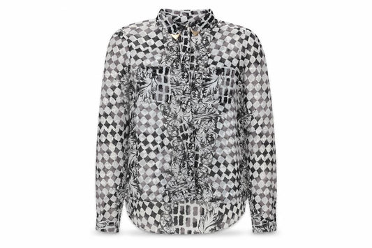 Front view of Topshop women’s black geometric polyester basic button-up, size UK 6, collared