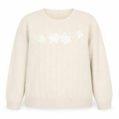 Berkertex Womens Beige Round Neck Acrylic Pullover Jumper Size 18 - Floral Detail