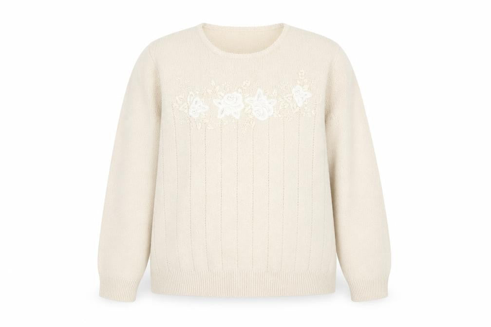 Berkertex Womens Beige Round Neck Acrylic Pullover Jumper Size 18 - Floral Detail