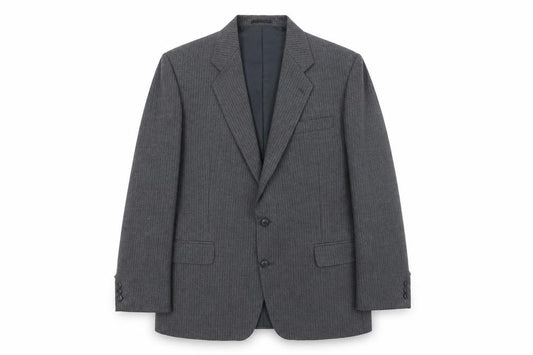 Front view of C&A men’s grey striped polyester jacket suit jacket, size 44, regular