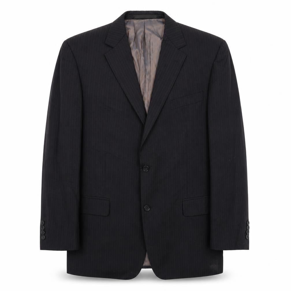 Front view of Marks & Spencer men’s black striped wool jacket suit jacket, size 42, regular