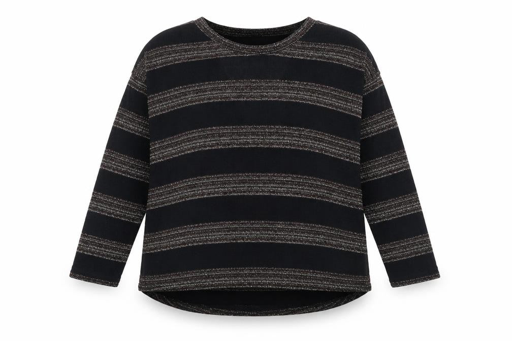 Front view of Next women’s black round neck striped polyester jumper, size UK 12
