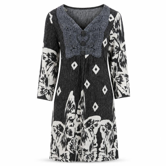 Front view of Purple women’s grey geometric acrylic jumper dress, size XS, v-neck pullover