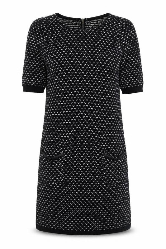 Front view of Cooperative women’s black geometric cotton jumper dress, size L, round neck zip