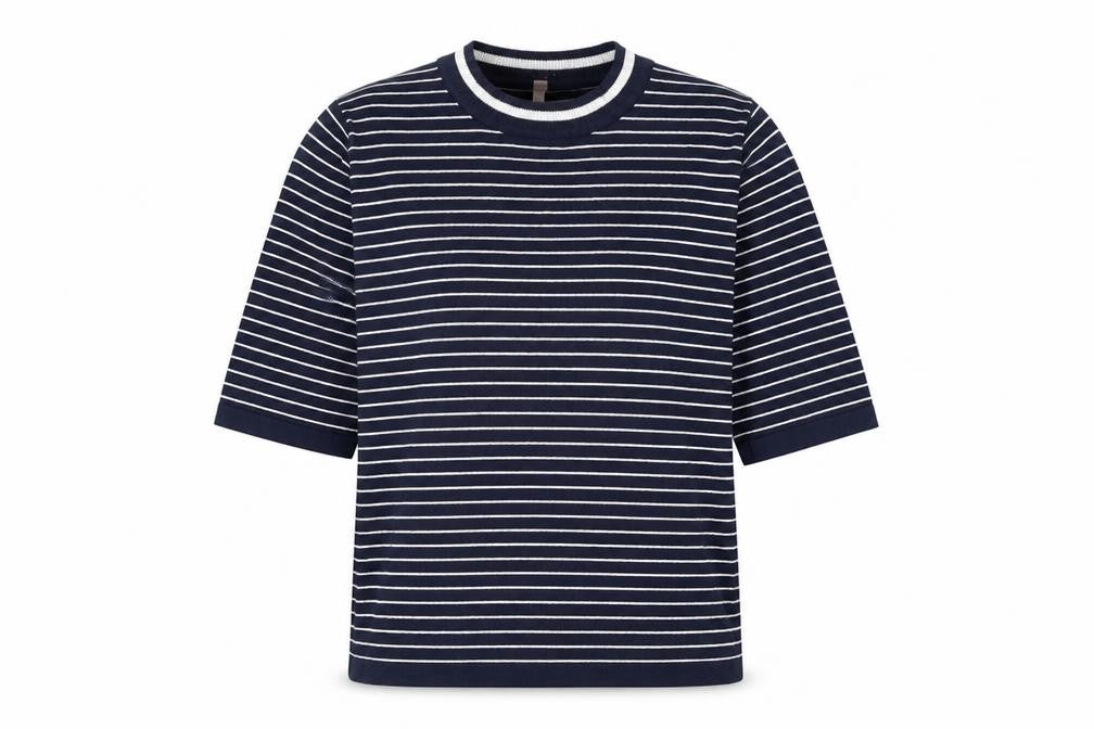 Front view of Sweewë women’s blue round neck striped viscose jumper, size S