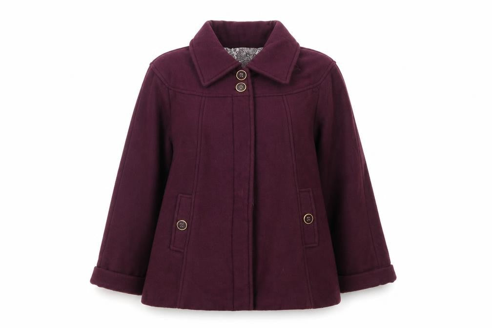 Front view of Anne De Lancay women’s purple jacket, size UK 14, button