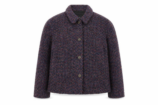 Front view of Requirements women’s purple geometric jacket, size L, button