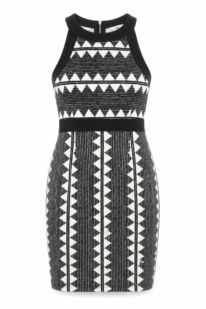 Front view of H&M women’s black geometric polyester bodycon, size M, round neck zip