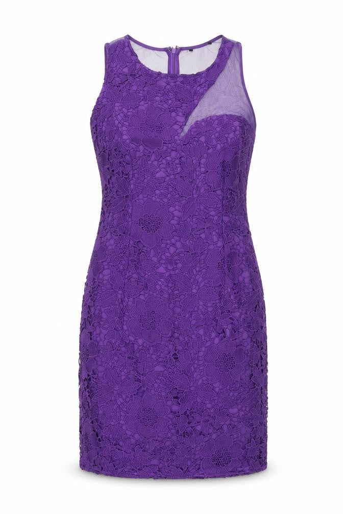 Front view of Klass women’s purple geometric polyester a-line, size UK 12, round neck zip