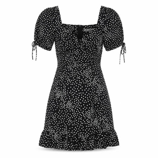 Front view of VERA & LUCY women’s black geometric polyester a-line, size S, square neck zip