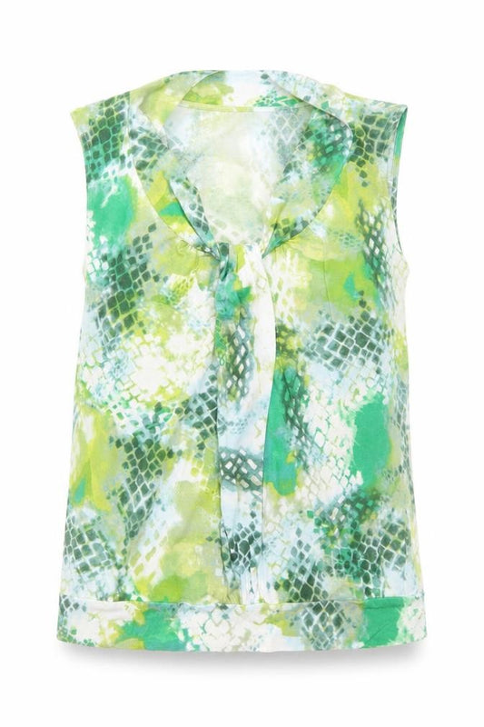 Front view of Marks & Spencer women’s green geometric viscose basic tank, size UK 10, v-neck