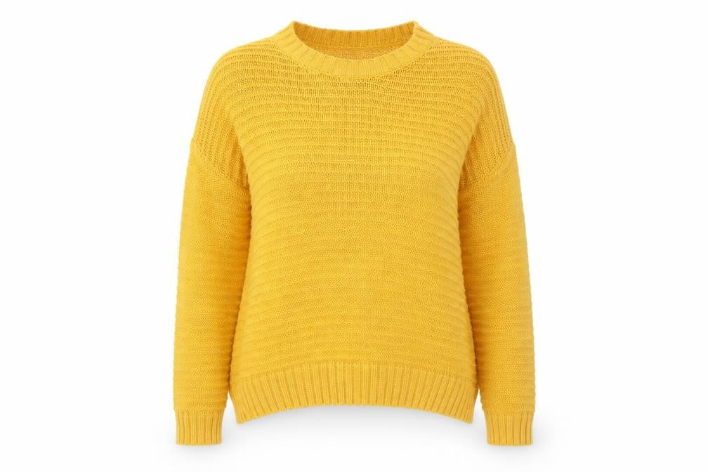 Front view of H&M women’s yellow round neck acrylic jumper, size S