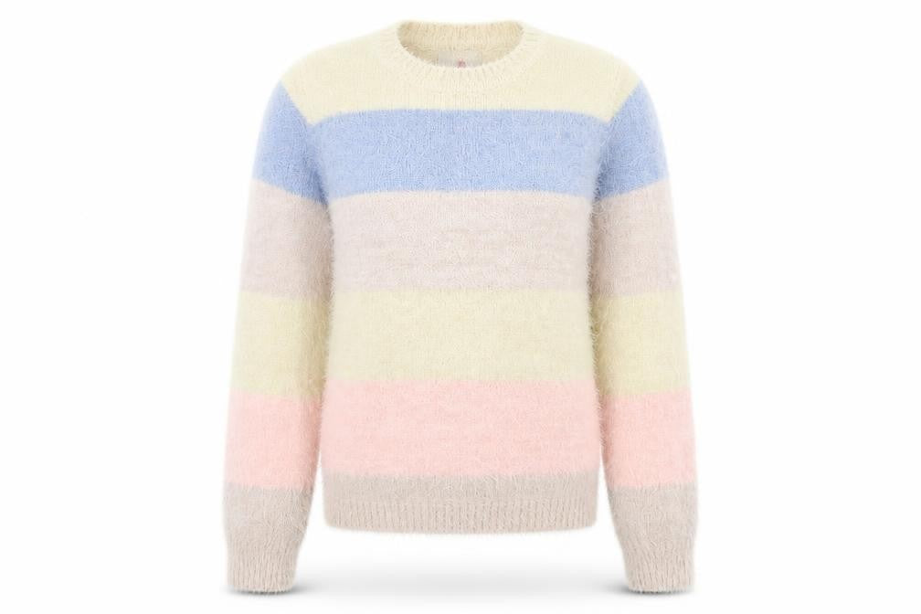 Front view of Feva Diva girls’ multicoloured round neck striped nylon jumper, size 13, years pullover