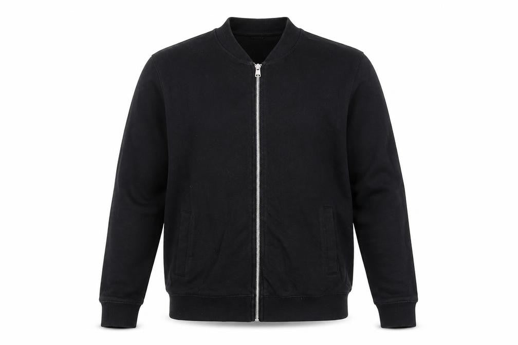 Front view of ASOS men’s black polyester full zip sweatshirt, size S, zip