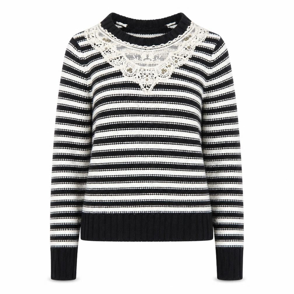 Love Knitwear Womens Black Round Neck Striped Acrylic Pullover Jumper Size 10
