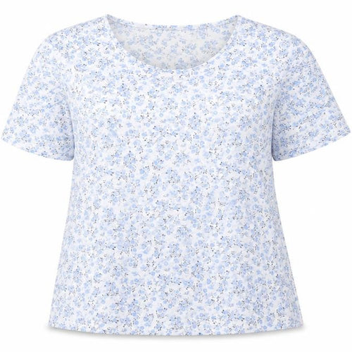 Anne De Lancay Womens Blue Floral Polyester Basic T-Shirt Size L Round Neck