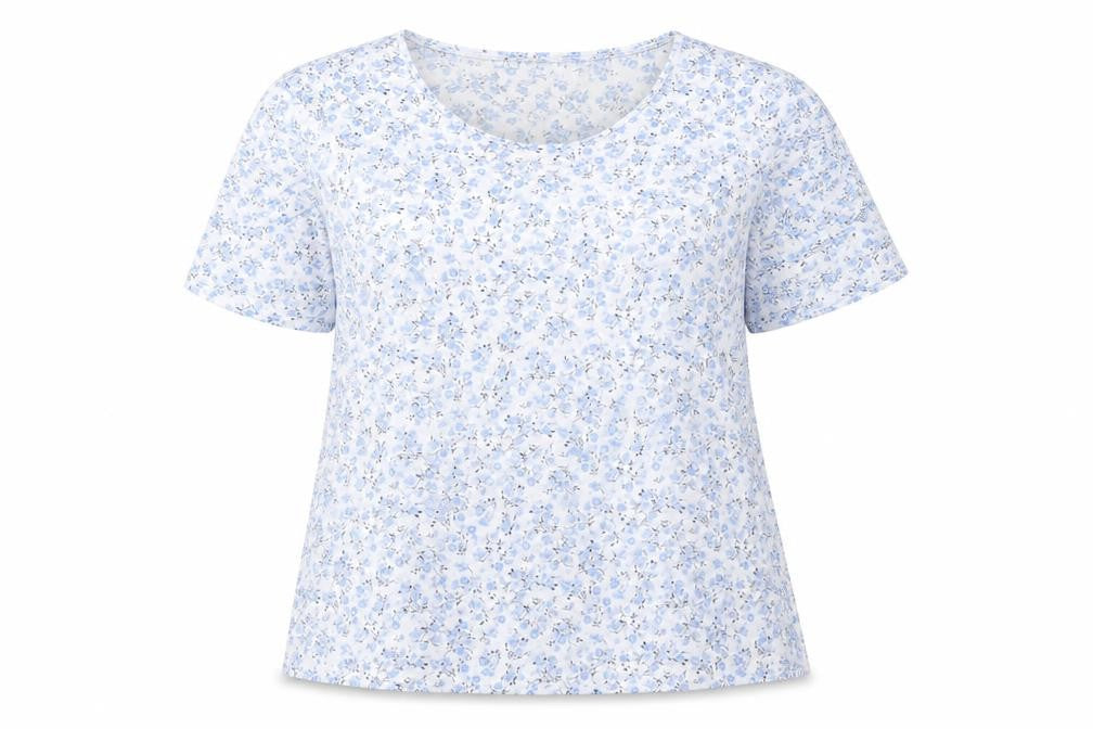 Anne De Lancay Womens Blue Floral Polyester Basic T-Shirt Size L Round Neck