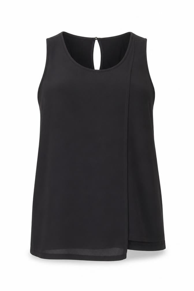 Front view of Oasis women’s black polyester basic tank, size L, round neck