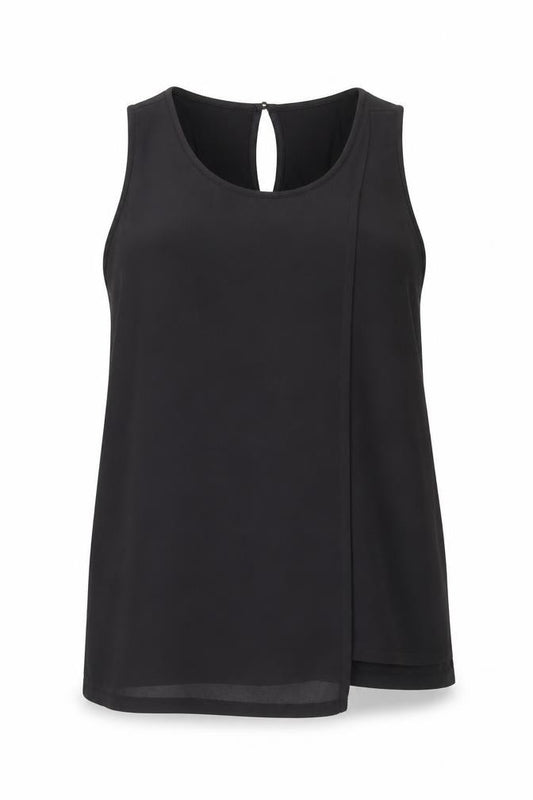 Front view of Oasis women’s black polyester basic tank, size L, round neck
