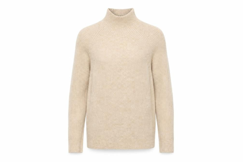 Front view of Topshop women’s beige high neck acrylic jumper, size UK 6