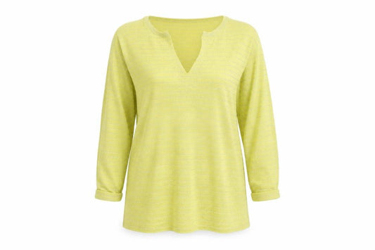 Front view of Next women’s yellow v-neck striped viscose jumper, size UK 12