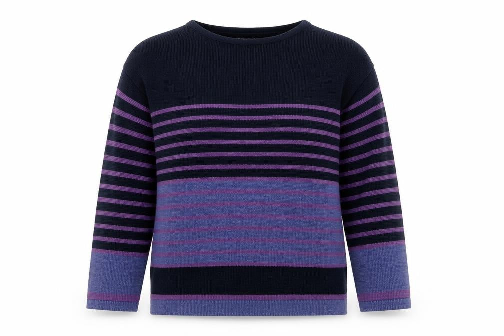 Front view of OPUS women’s purple round neck striped cotton jumper, size S