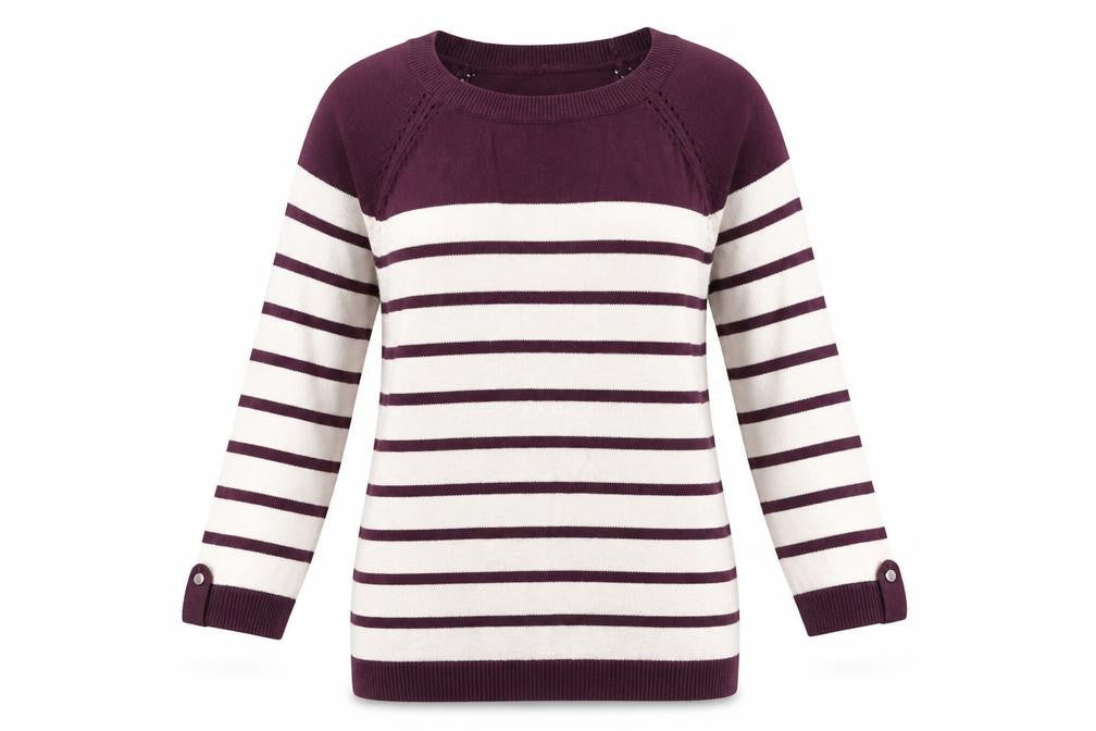 Reitmans Womens Purple Round Neck Striped Cotton Pullover Jumper Size XS