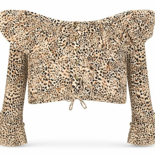 Paradisa Womens Brown Animal Print Polyester Cropped Blouse Size 6 Off the Shoulder - Leopard Pattern