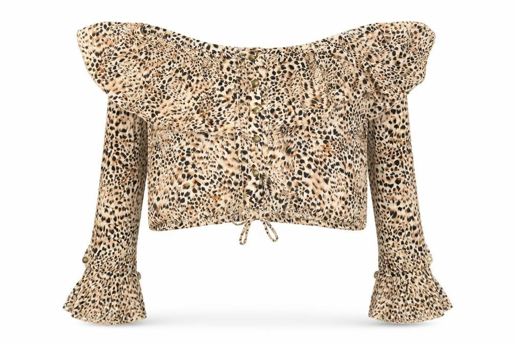 Paradisa Womens Brown Animal Print Polyester Cropped Blouse Size 6 Off the Shoulder - Leopard Pattern
