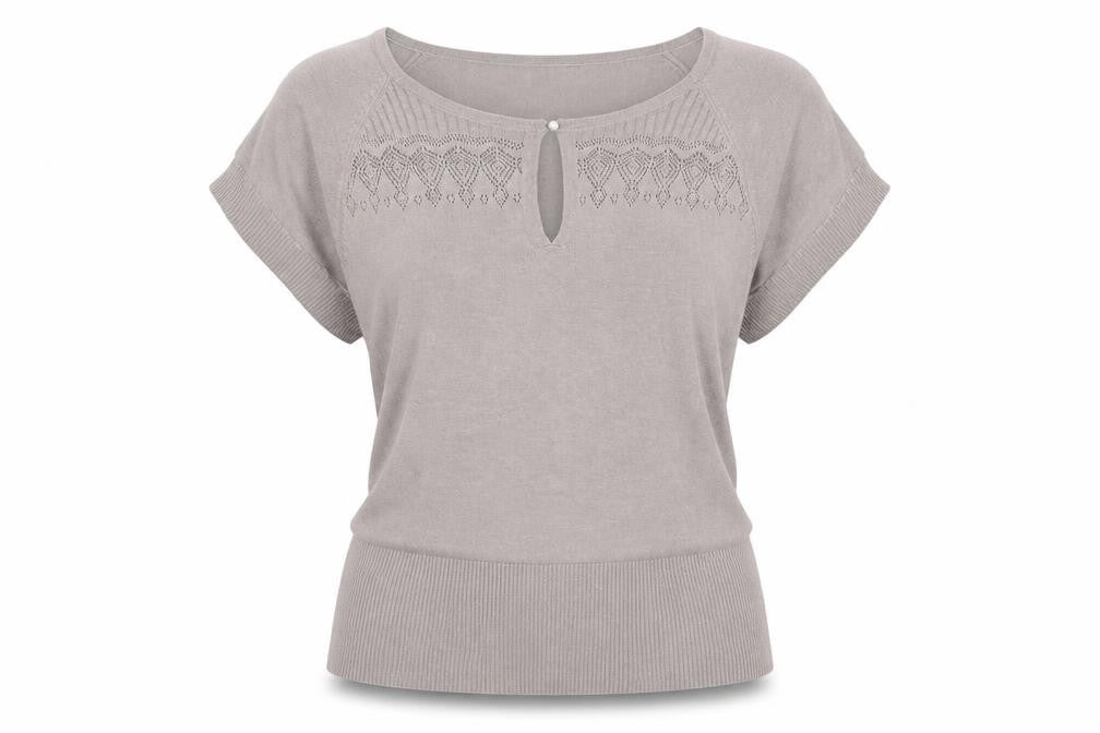 Front view of Mystic women’s beige geometric acrylic basic blouse, size M, round neck