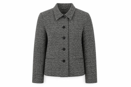 Front view of Style Collection women’s grey geometric jacket blazer, size UK 8, button